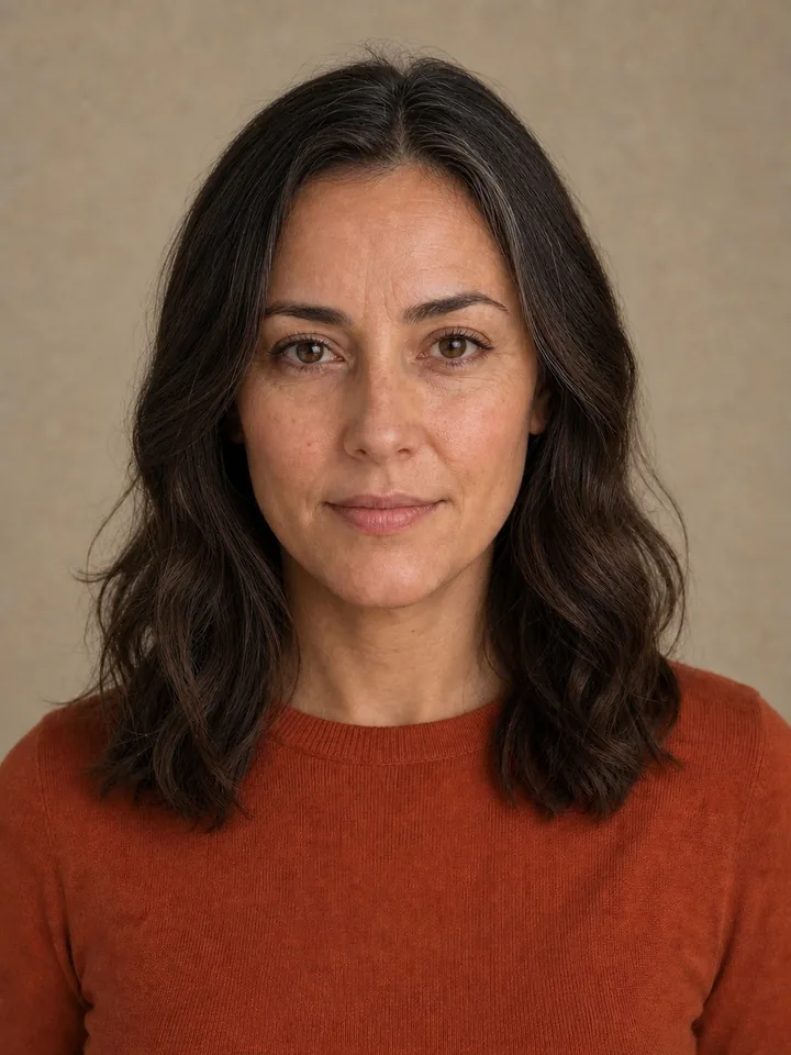 The same synthetic adult portrait with the mature AI age filter effect