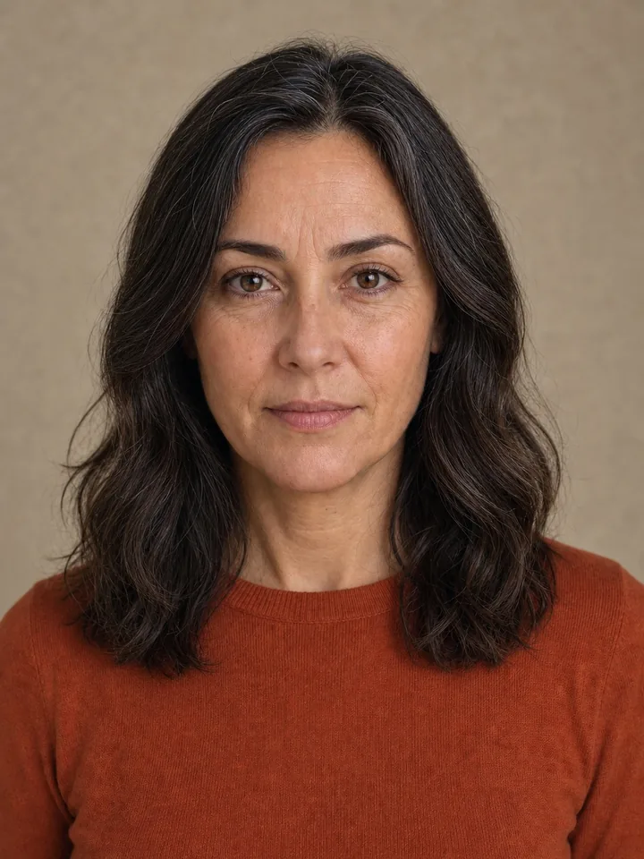 The same synthetic adult portrait with the older AI age filter effect